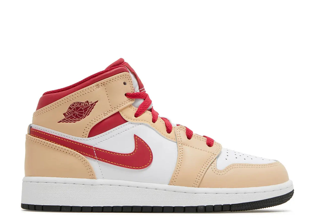 Jordan 1 Mid Light Curry Cardinal