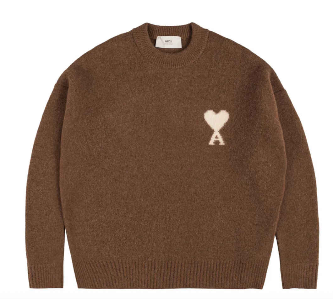 Ami Paris Brown Alpaca Ami De Coeur Crewneck Sweater