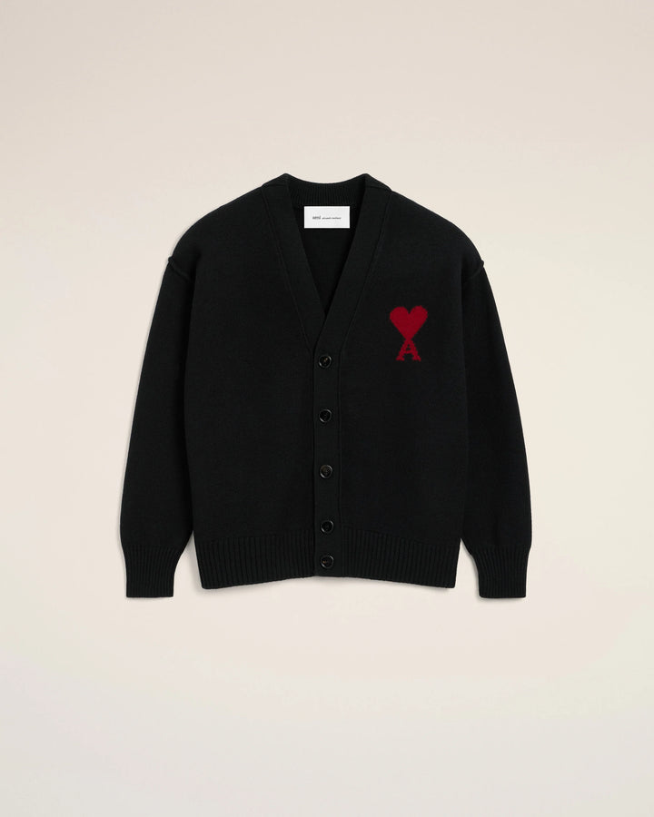 Ami Paris Black Wool Cardigan With Contrasted Ami De Coeur